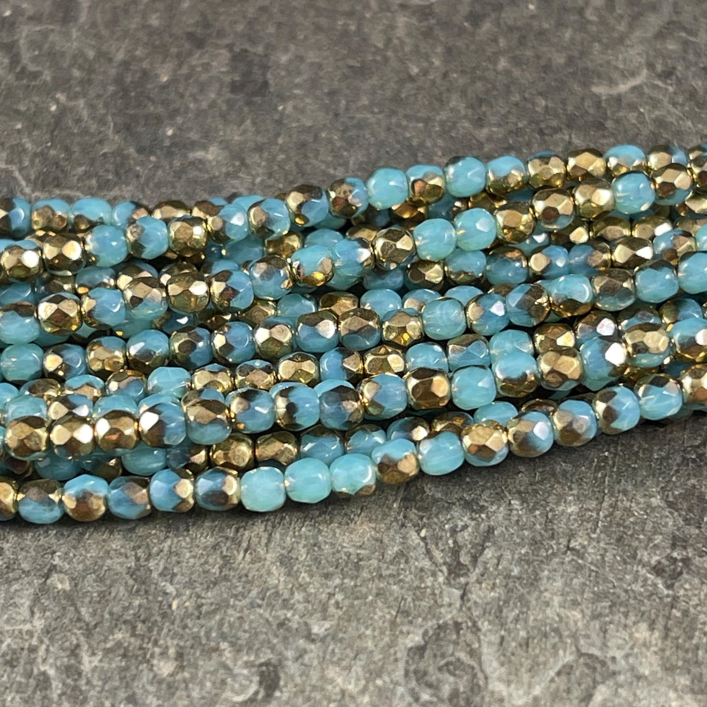 Czech Glass Beads - 3mm Faceted Round, Aqua and Antiqued Gold (FP3/AG) * Qty. 50