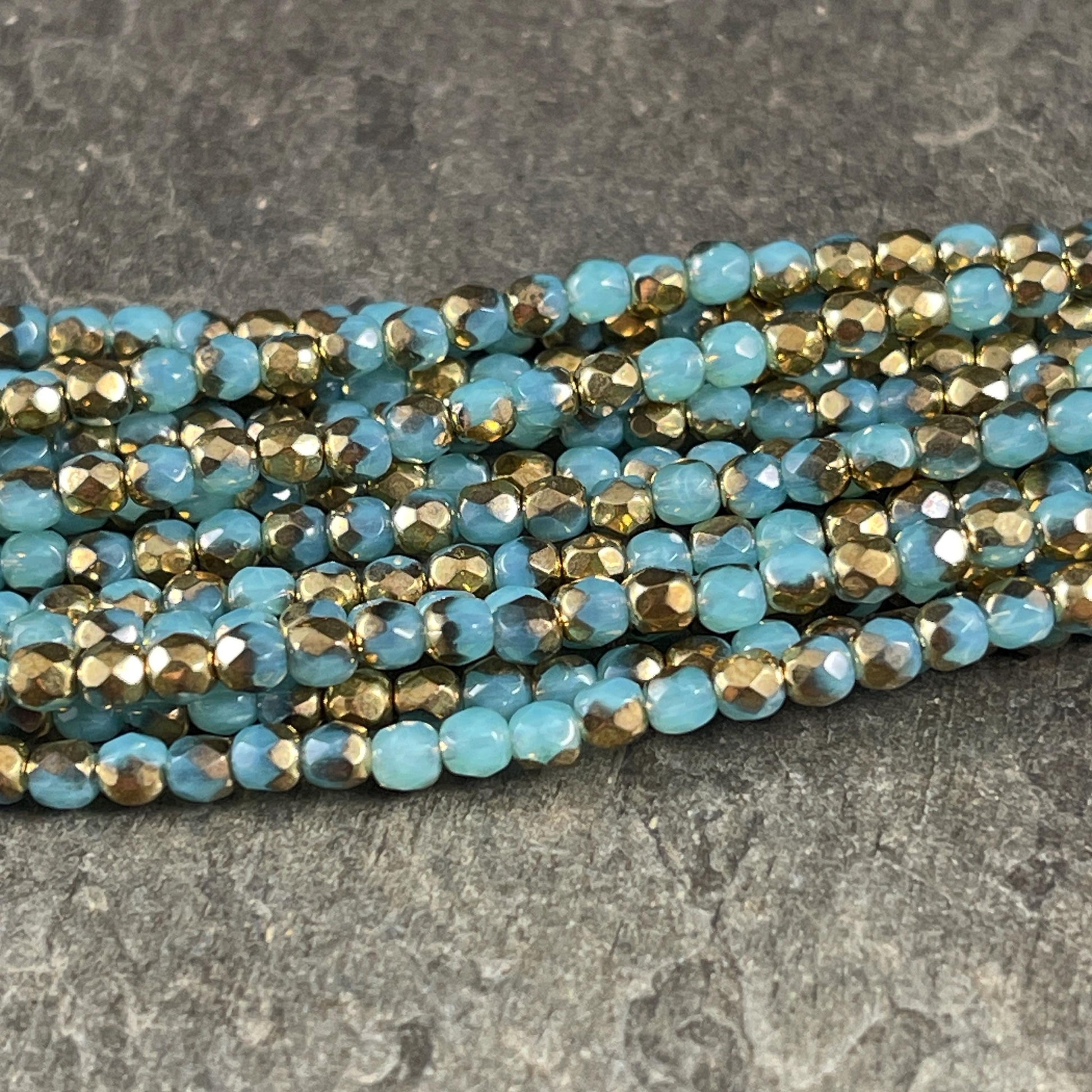 Czech Glass Beads - 3mm Faceted Round, Aqua and Antiqued Gold (FP3/AG) * Qty. 50
