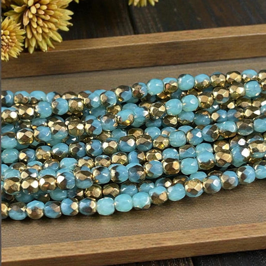 Czech Glass Beads - 3mm Faceted Round, Aqua and Antiqued Gold (FP3/AG) * Qty. 50