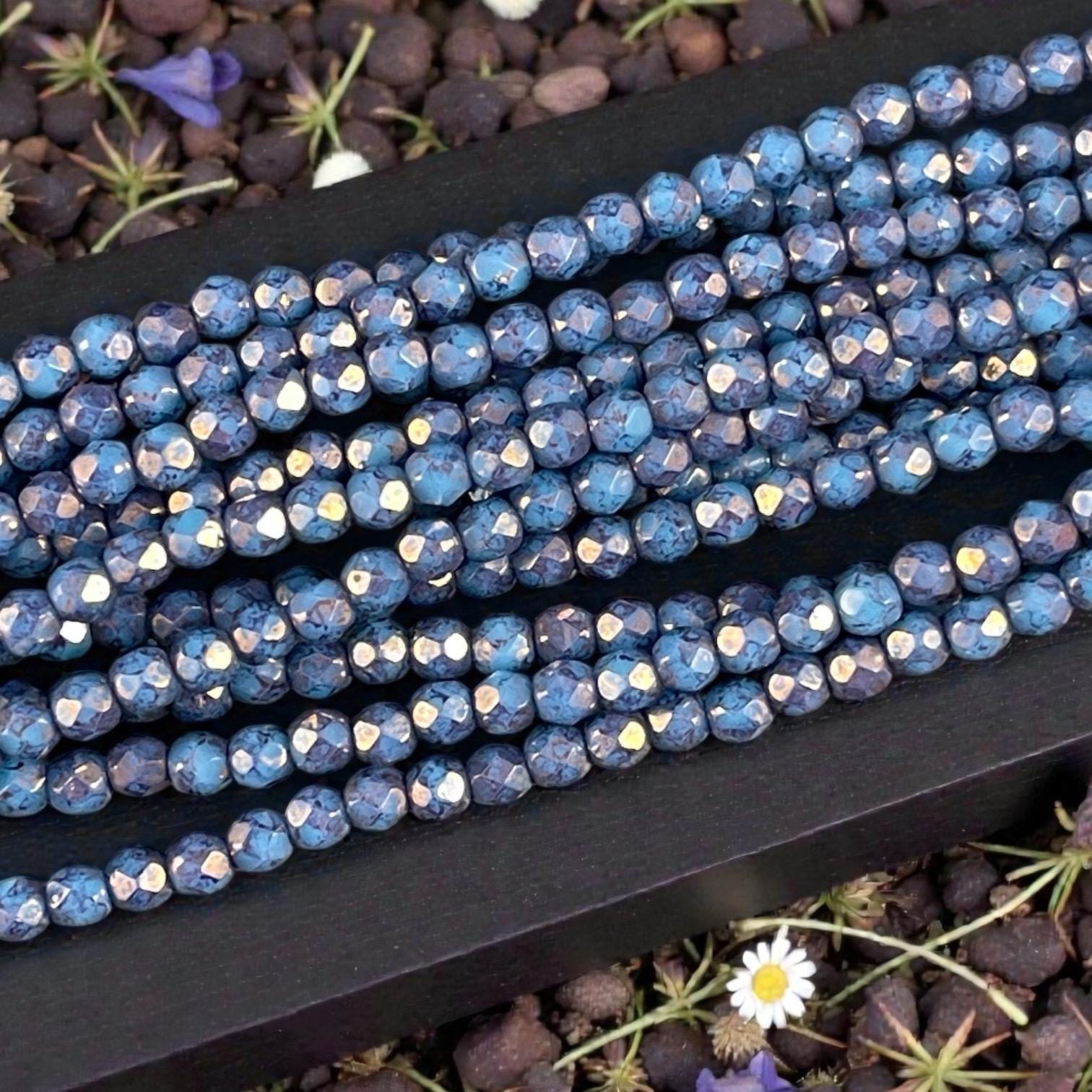 Czech Glass Beads - 3mm Faceted Round, Denim Blue with Indigo Picasso (FP3/IN) * Qty. 50