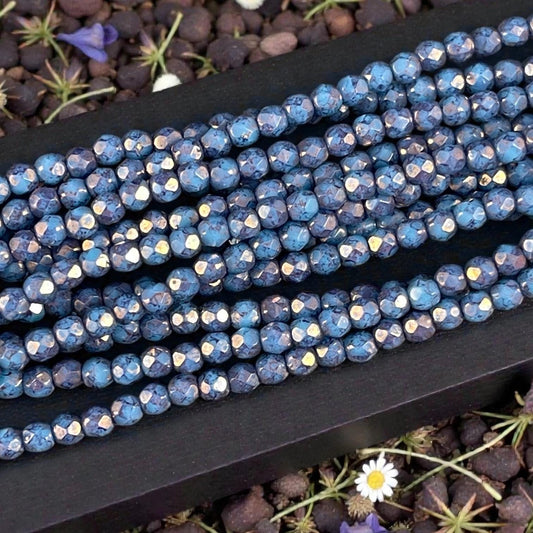 Czech Glass Beads - 3mm Faceted Round, Denim Blue with Indigo Picasso (FP3/IN) * Qty. 50