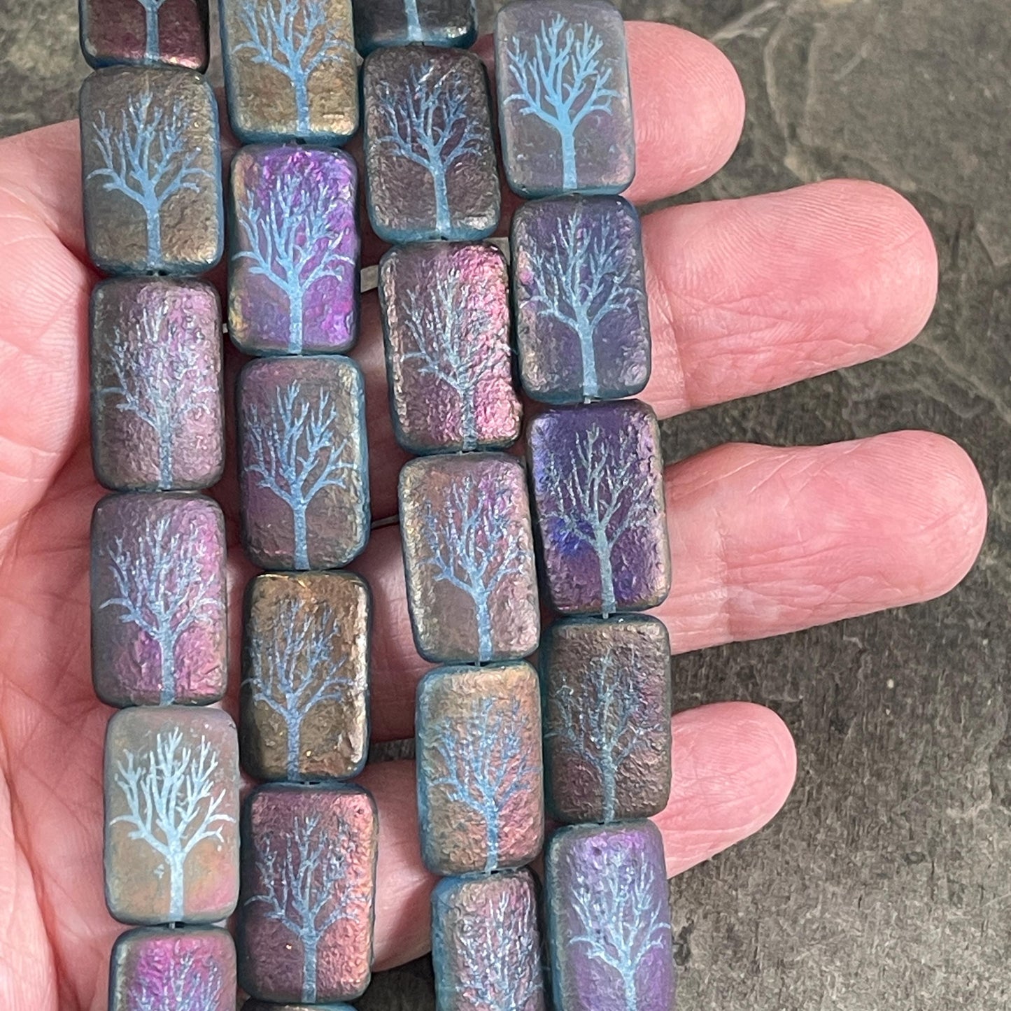 Czech Glass - 19x12mm Laser Etched Rectangle, Purple and Blue Tree (LTPG-T1) * 6 Beads