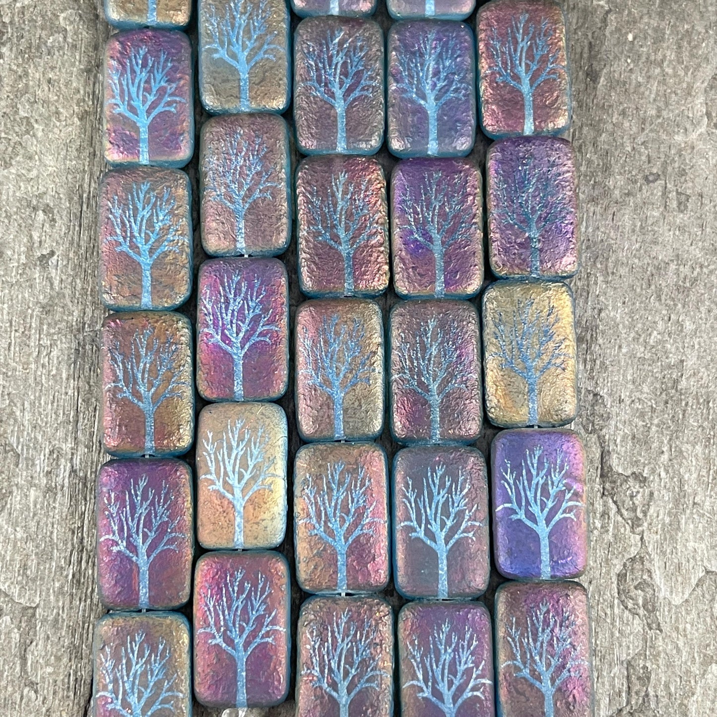 Czech Glass - 19x12mm Laser Etched Rectangle, Purple and Blue Tree (LTPG-T1) * 6 Beads