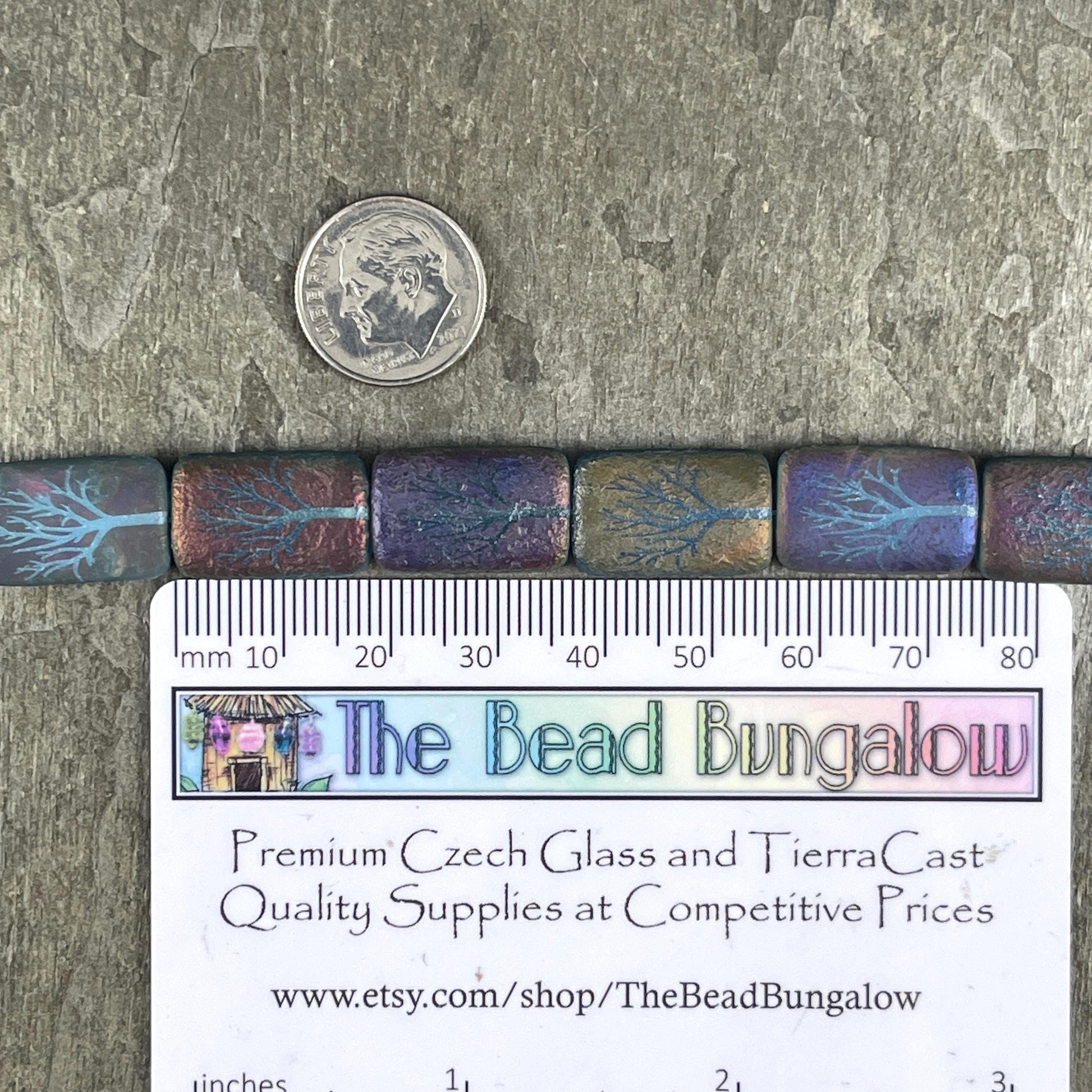 Czech Glass - 19x12mm Laser Etched Rectangle, Purple and Blue Tree (LTPG-T1) * 6 Beads