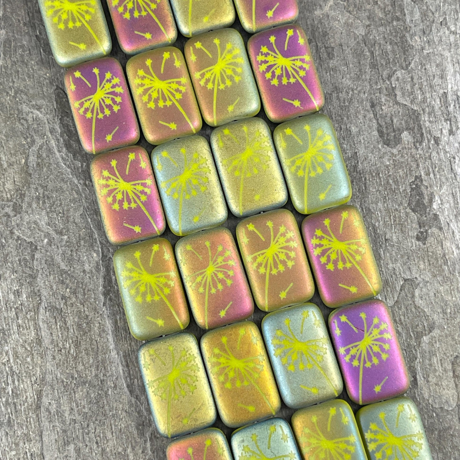 Czech Glass - 19x12mm Laser Etched Rectangle, Dandelion Wish (LTPG-525) * 6 Beads