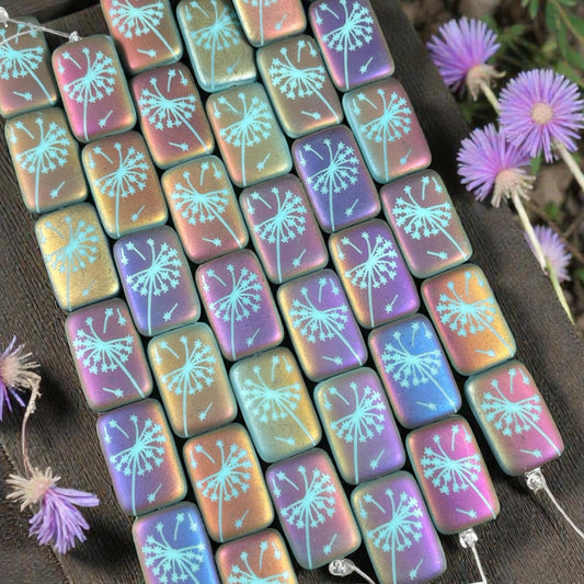 Czech Glass - 19x12mm Laser Etched Rectangle, Dandelion Wish Flower (LTPG-532) * 6 Beads