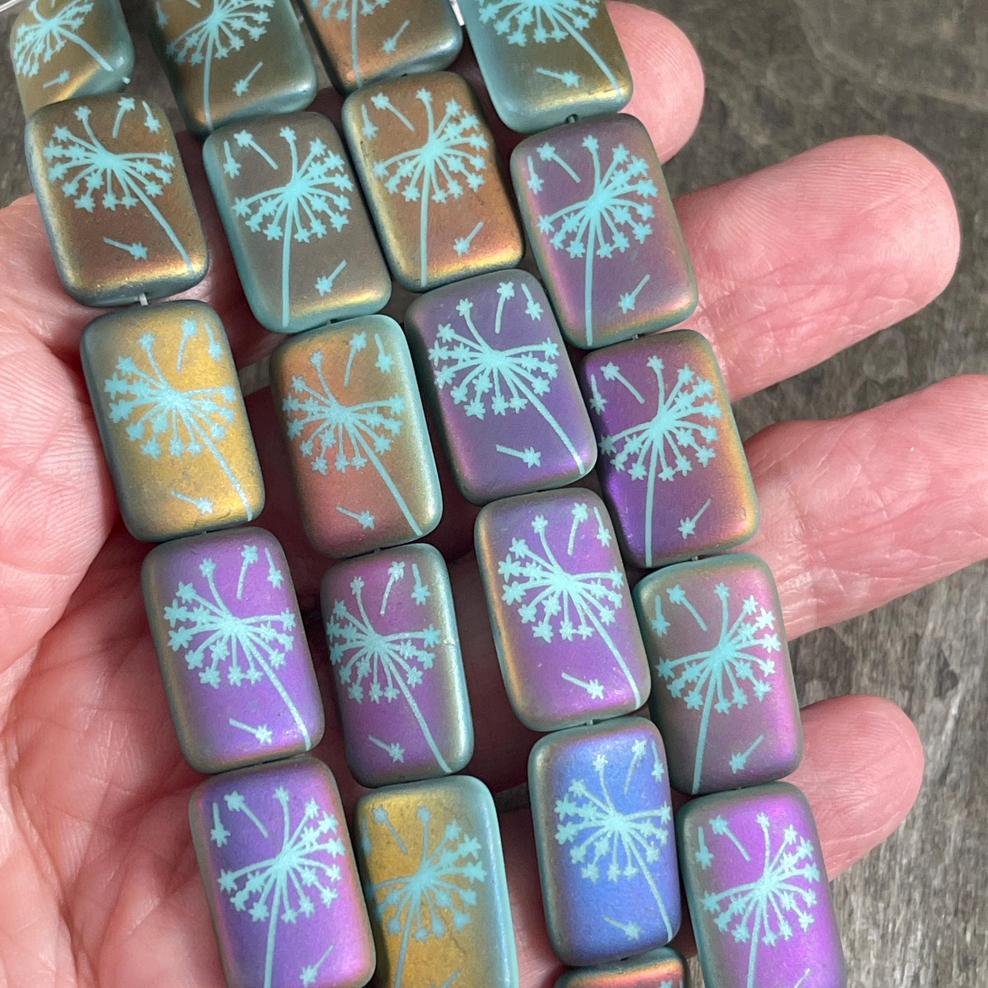 Czech Glass - 19x12mm Laser Etched Rectangle, Dandelion Wish Flower (LTPG-532) * 6 Beads