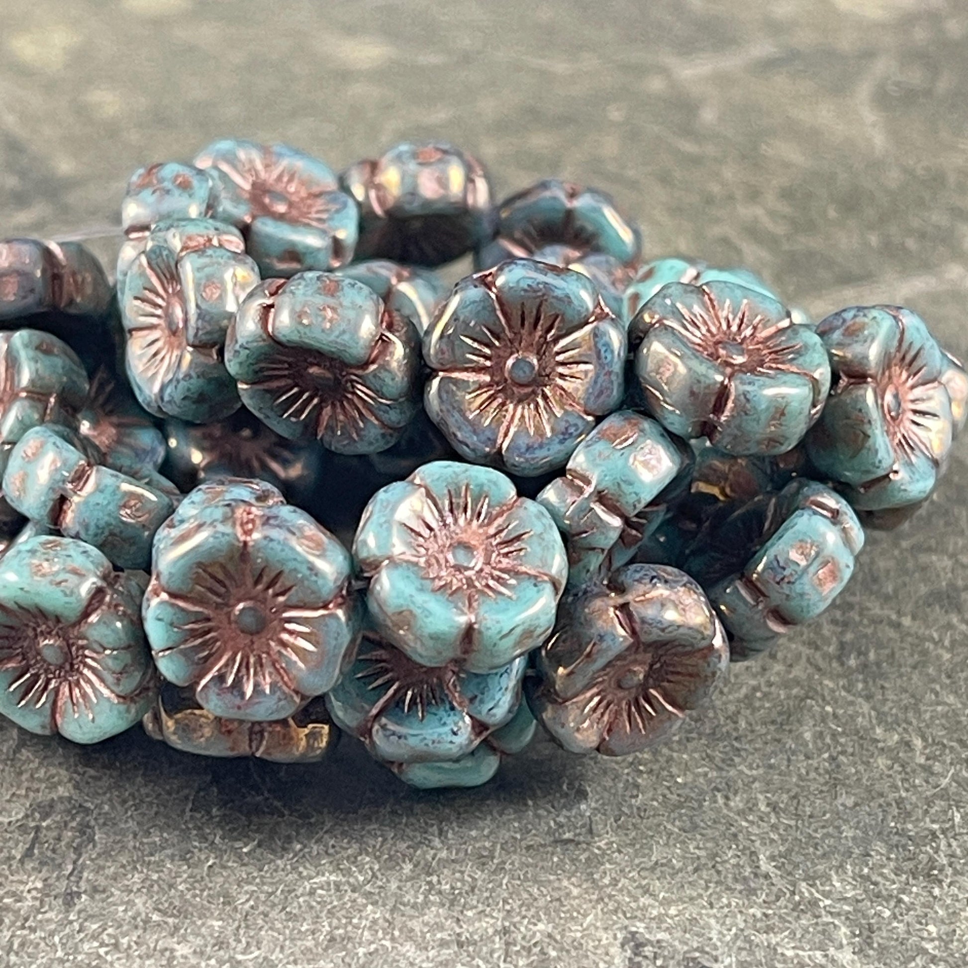 Czech Glass - 12mm Hibiscus Flower, Turquoise with Bronze Wash (FL12/N-1222) * 8 Beads