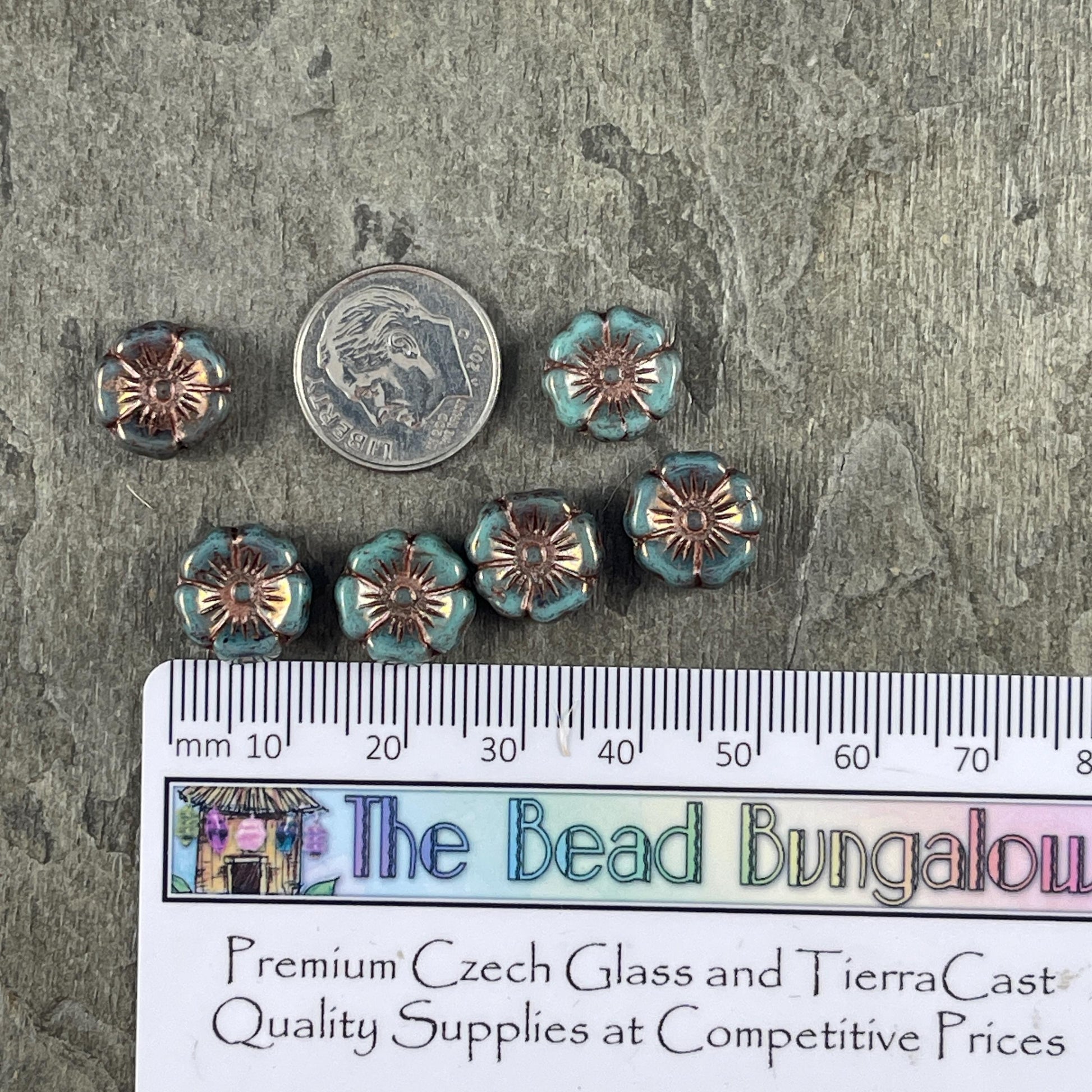 Czech Glass - 12mm Hibiscus Flower, Turquoise with Bronze Wash (FL12/N-1222) * 8 Beads