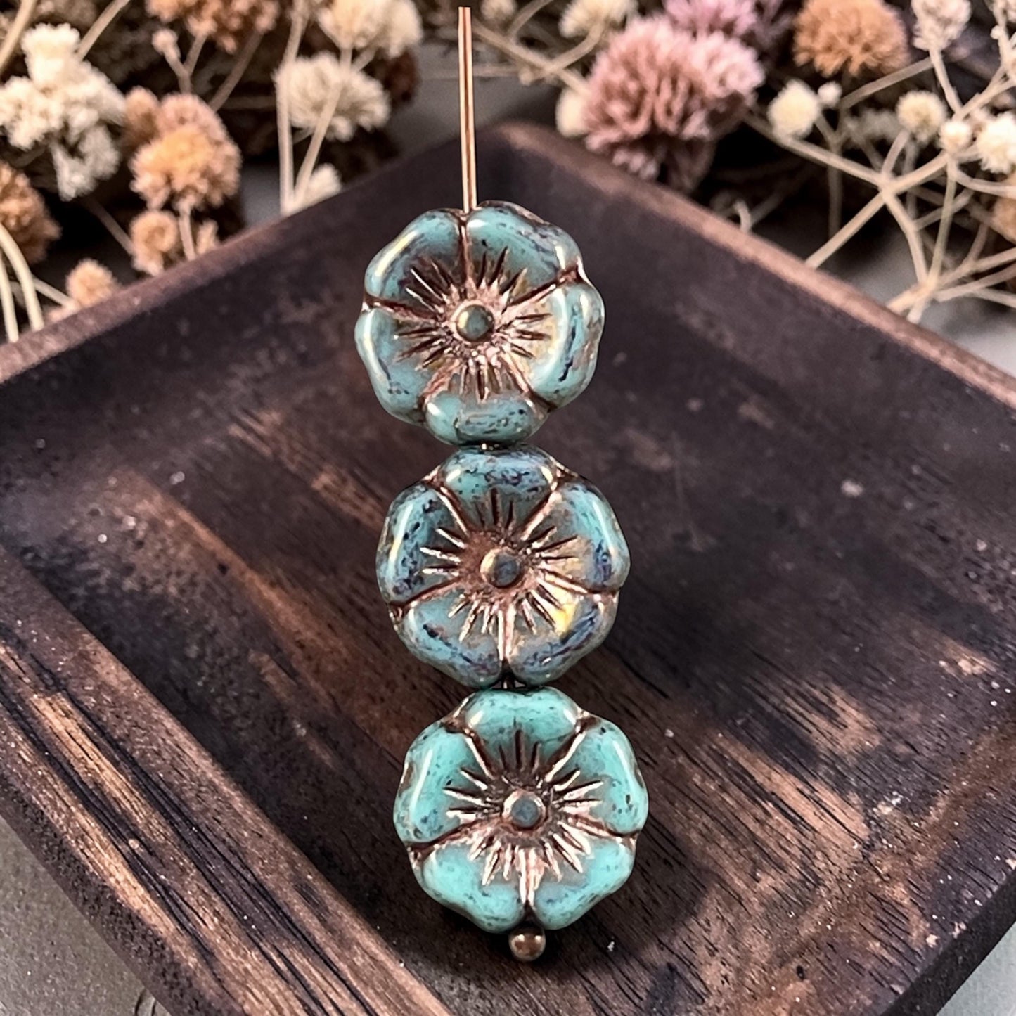 Czech Glass - 12mm Hibiscus Flower, Turquoise with Bronze Wash (FL12/N-1222) * 8 Beads