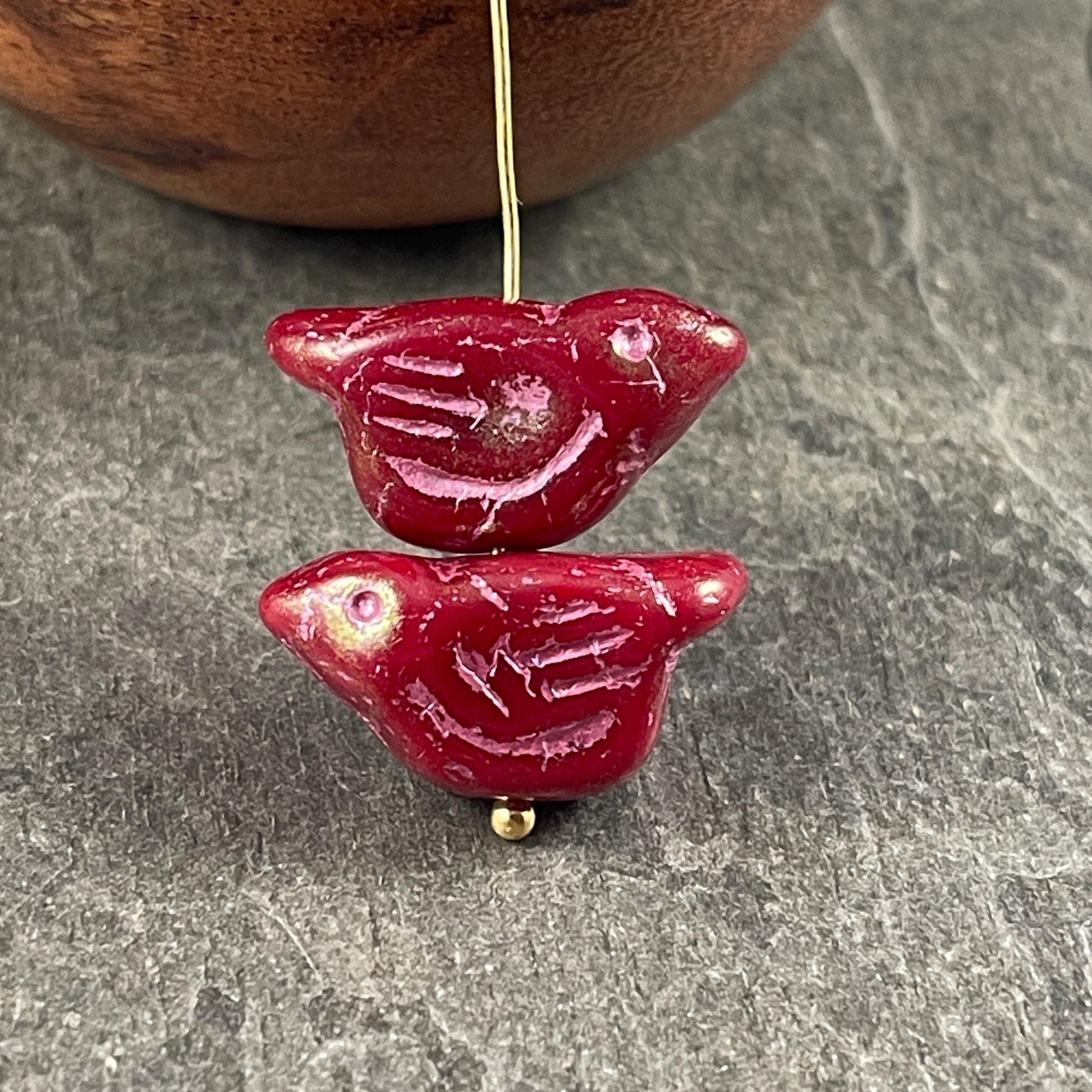 Czech Glass Beads - 11x22mm Chunky Bird, Cranberry Red with Pink Wash (N-0733) * 3 Beads