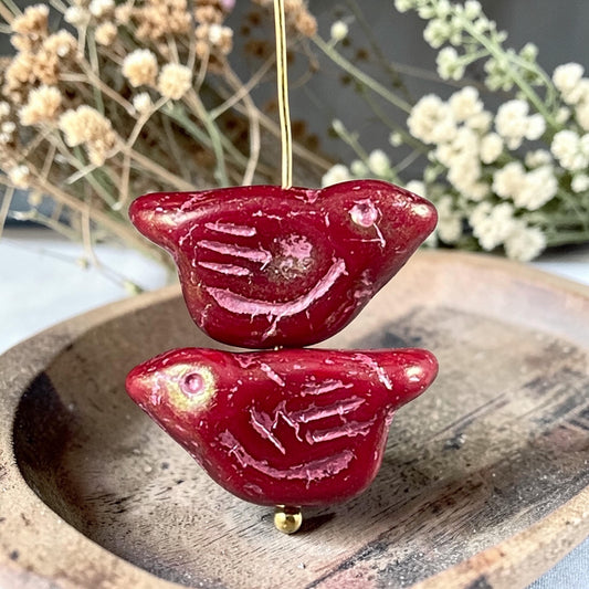 Czech Glass Beads - 11x22mm Chunky Bird, Cranberry Red with Pink Wash (N-0733) * 3 Beads
