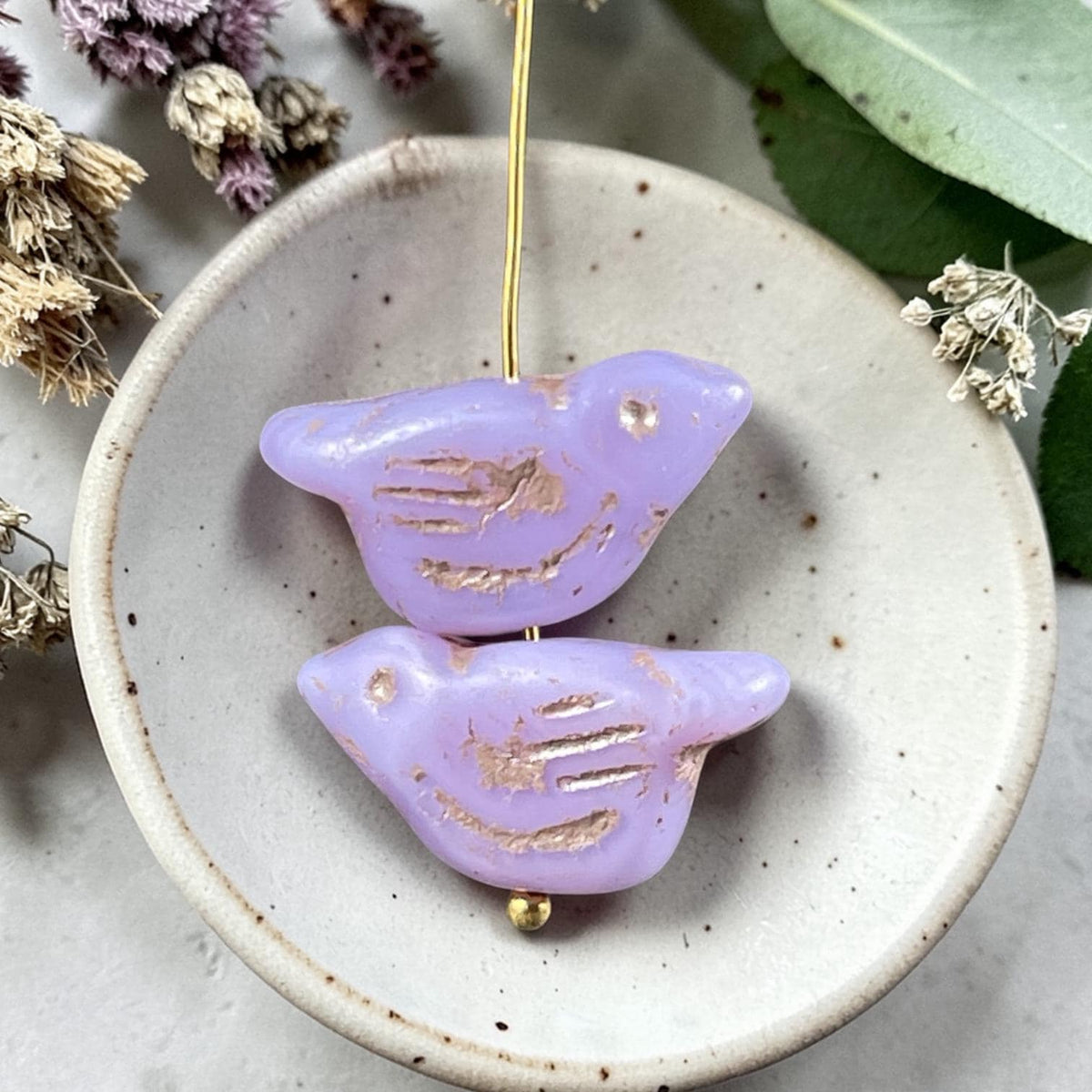 Czech Glass Beads - 11x22mm Chunky Bird, Pastel Purple with Gold Wash (BRD/N-0592C) * 3 Beads