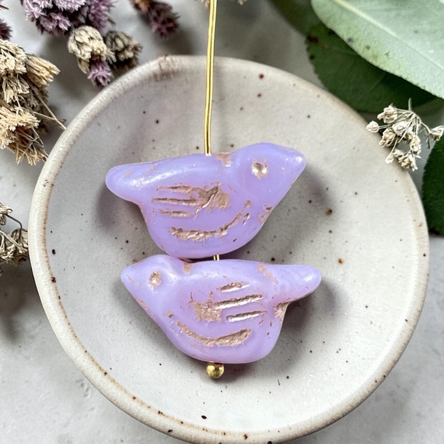 Czech Glass Beads - 11x22mm Chunky Bird, Pastel Purple with Gold Wash (N-0592C) * 3 Beads