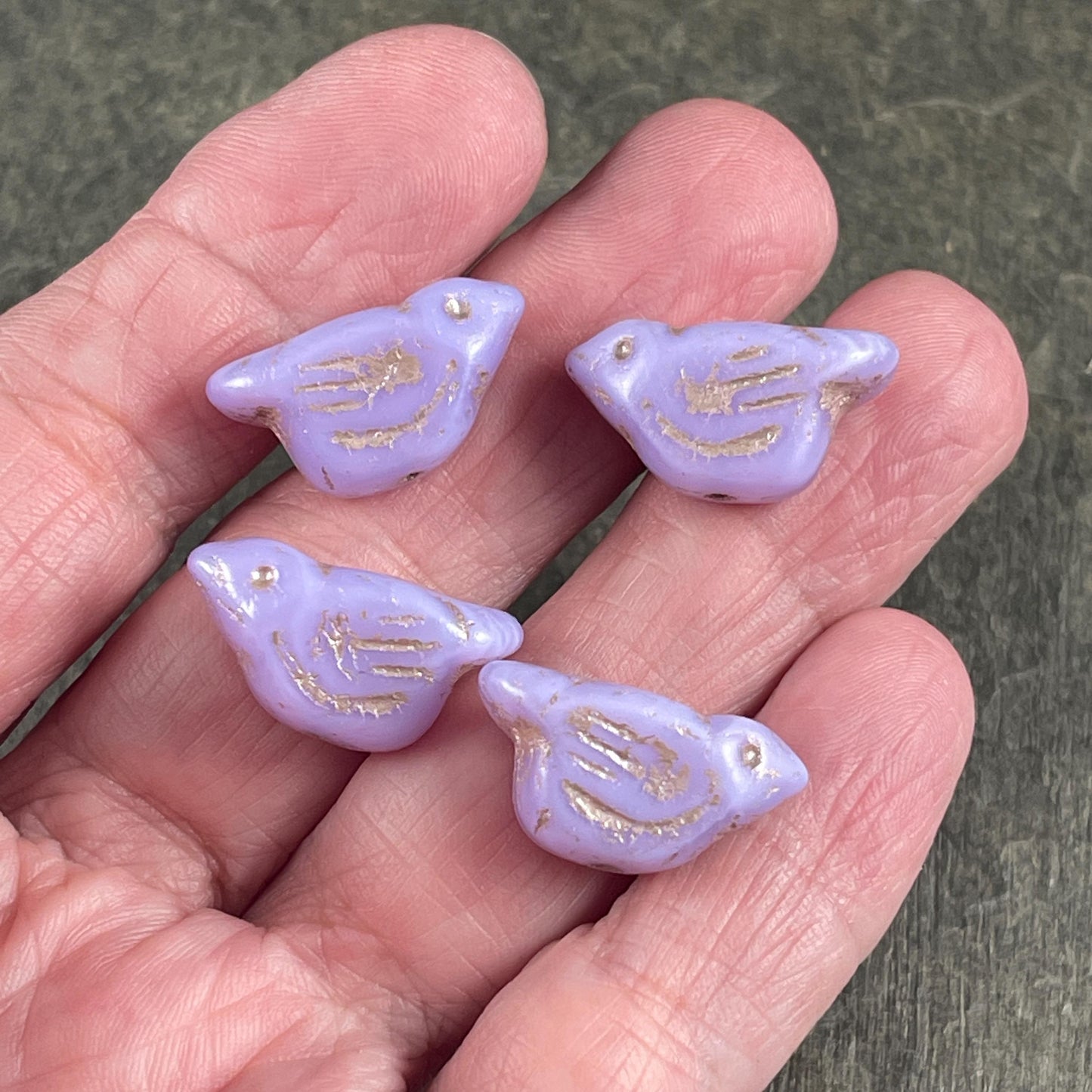 Czech Glass Beads - 11x22mm Chunky Bird, Pastel Purple with Gold Wash (N-0592C) * 3 Beads