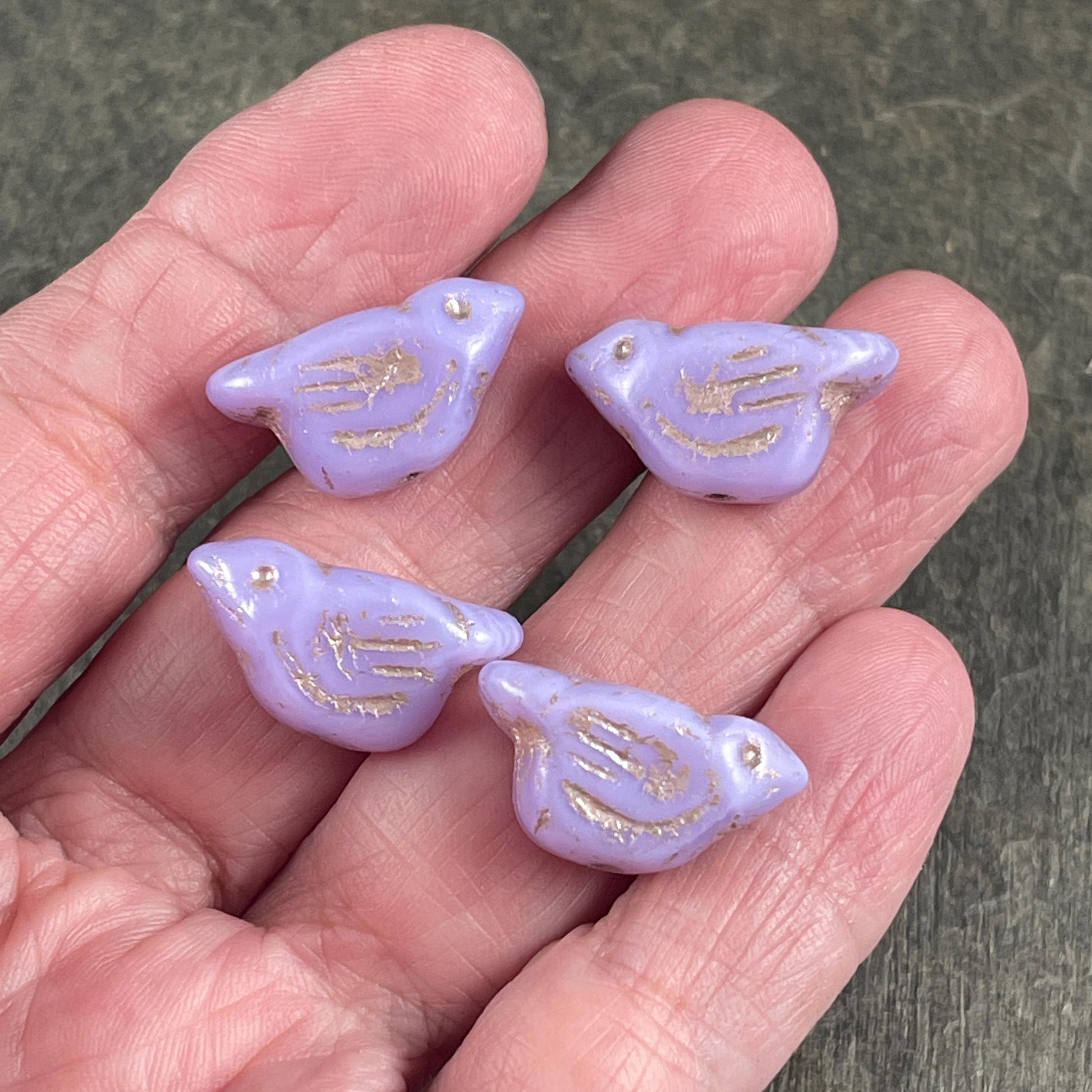 Czech Glass Beads - 11x22mm Chunky Bird, Pastel Purple with Gold Wash (N-0592C) * 3 Beads