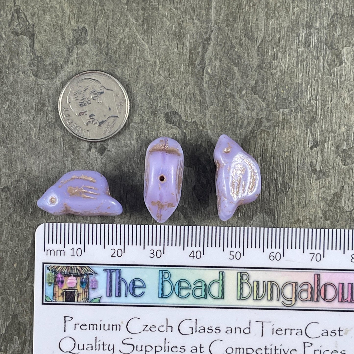 Czech Glass Beads - 11x22mm Chunky Bird, Pastel Purple with Gold Wash (N-0592C) * 3 Beads