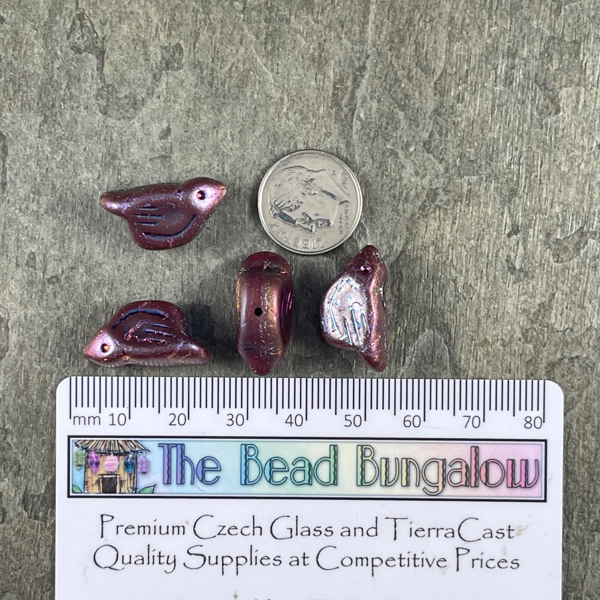 Czech Glass Beads - 11x22mm Chunky Bird, Dark Plum with Iridescent Wash (N-0563) * 3 Beads