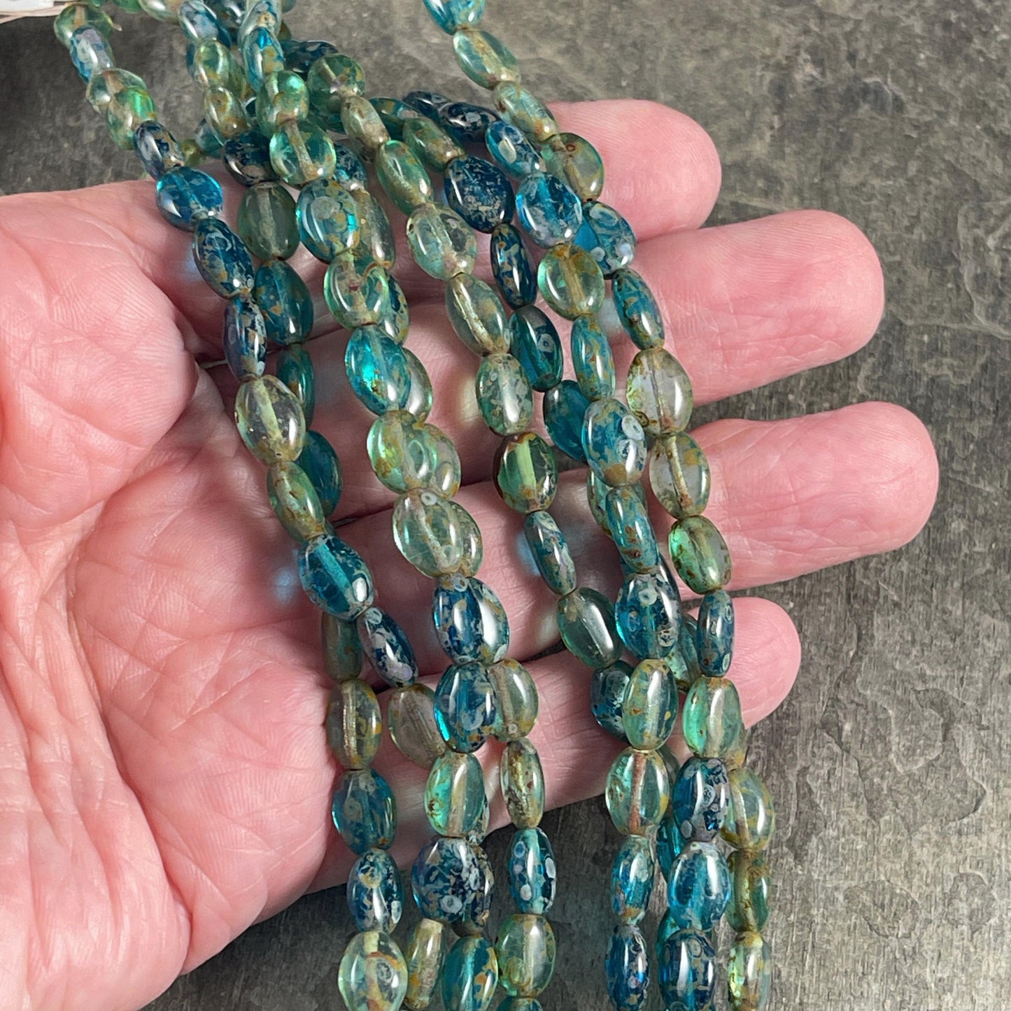 Czech Glass Beads - 9x6mm Oval, Capri Blue and Aqua Picasso (GlossOval) * 24 Beads