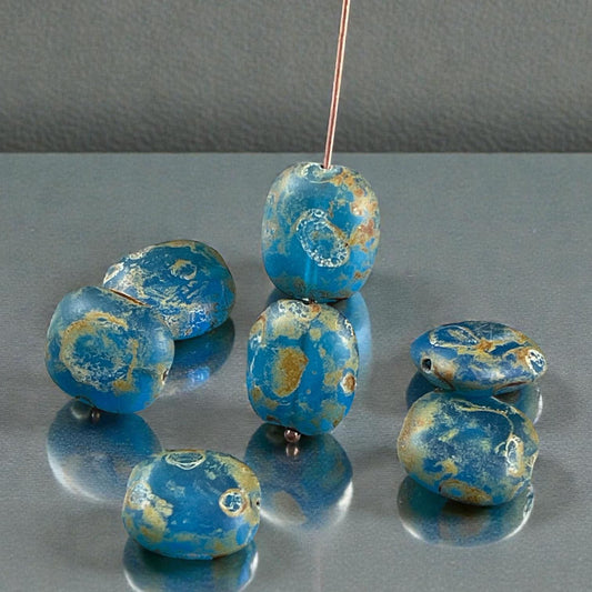 Czech Glass Beads - 13x12mm Coin, Matte Blue and Aqua Picasso (MatteCoin) * 10 Beads