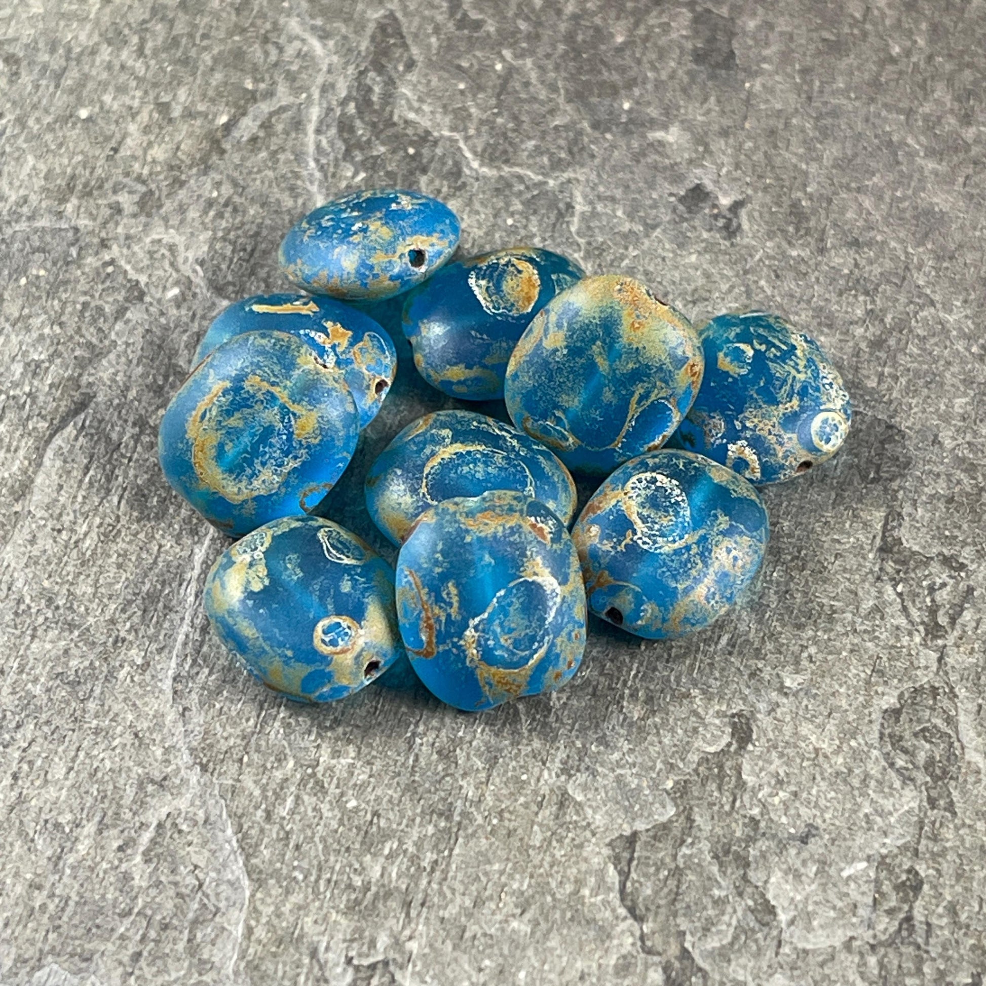 Czech Glass Beads - 13x12mm Coin, Matte Blue and Aqua Picasso (MatteCoin) * 10 Beads