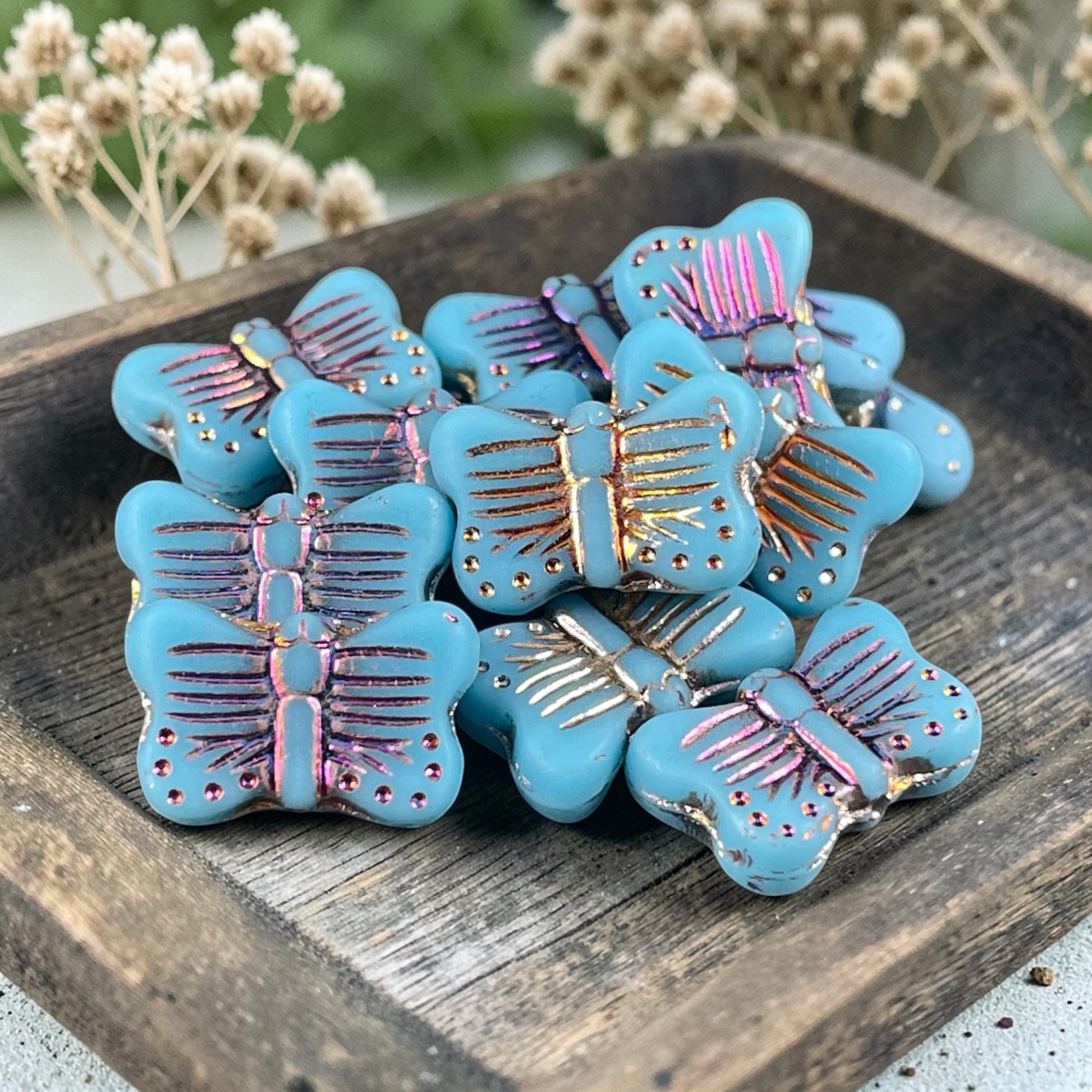 Czech Glass - 16x11mm Butterfly Shape Bead - Sky Blue with Sliperit Finish (FLY/N-0393) * 6 Beads