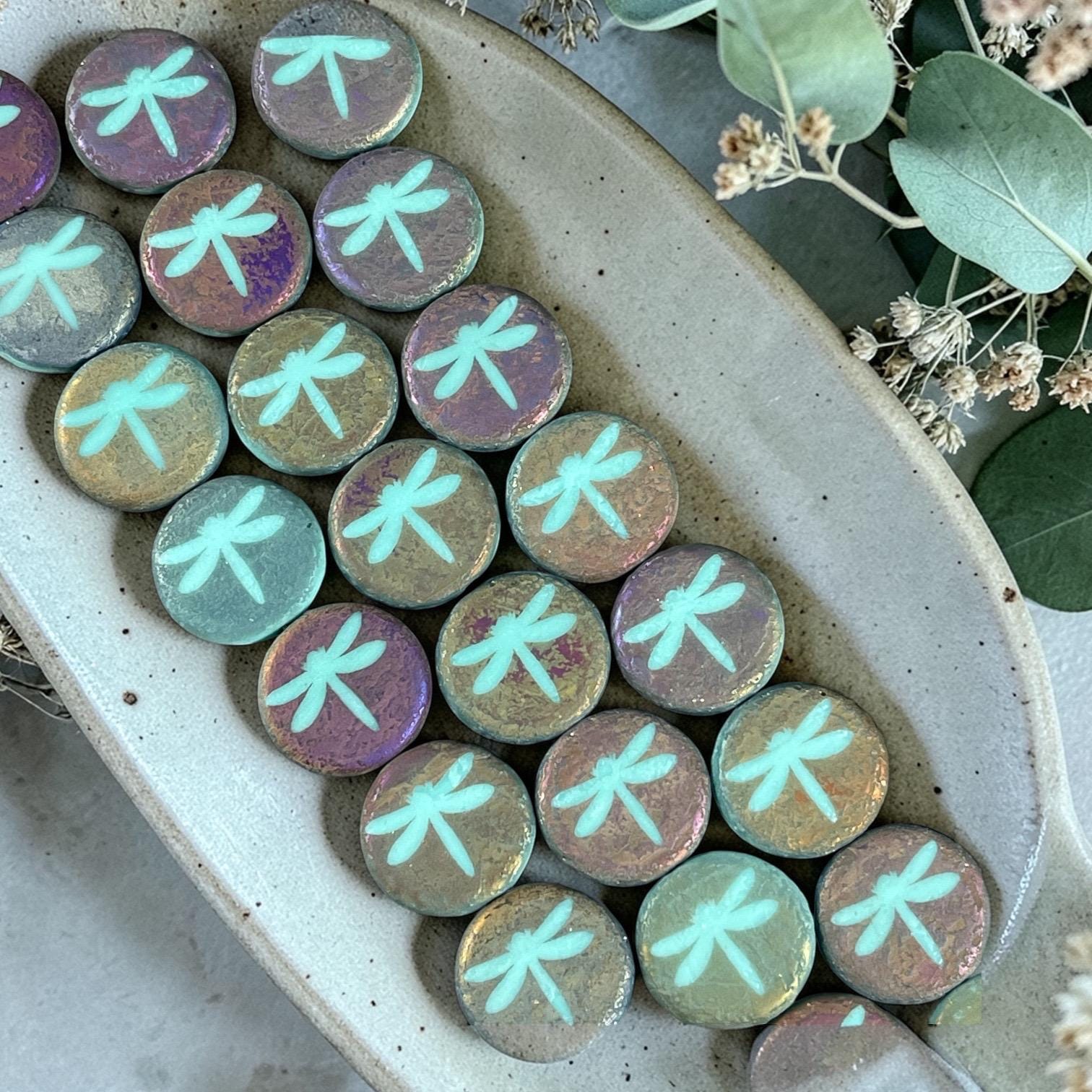 Czech Glass - 17mm Coin Bead, Turquoise with Laser Etched Dragonfly (LTPG-D1) * 8 Beads