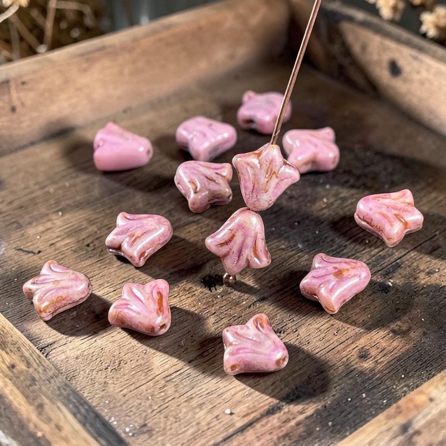Czech Glass Beads - 9mm Day Lily - Alabaster Pink Picasso (DLily22) * Qty. 17