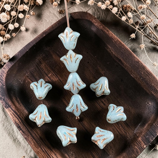 Czech Glass Beads - 9mm Day Lily - Mint with Copper Wash (DLily24) * Qty. 17