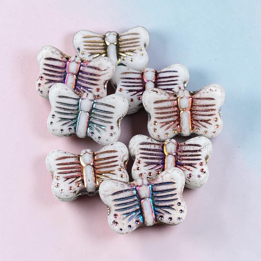 Czech Glass - 16x11mm Butterfly Shape Bead - White with Sliperit Finish (FLY/N-1914) * 6 Beads