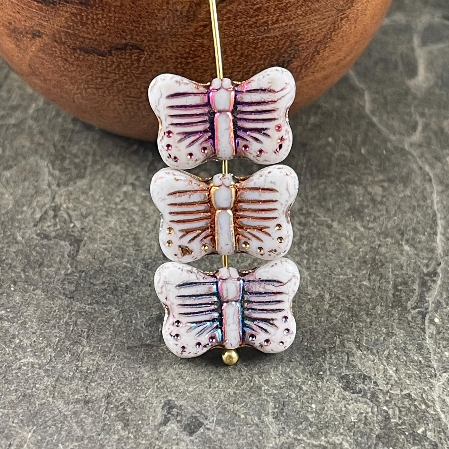 Czech Glass - 16x11mm Butterfly Shape Bead - White with Sliperit Finish (FLY/N-1914) * 6 Beads