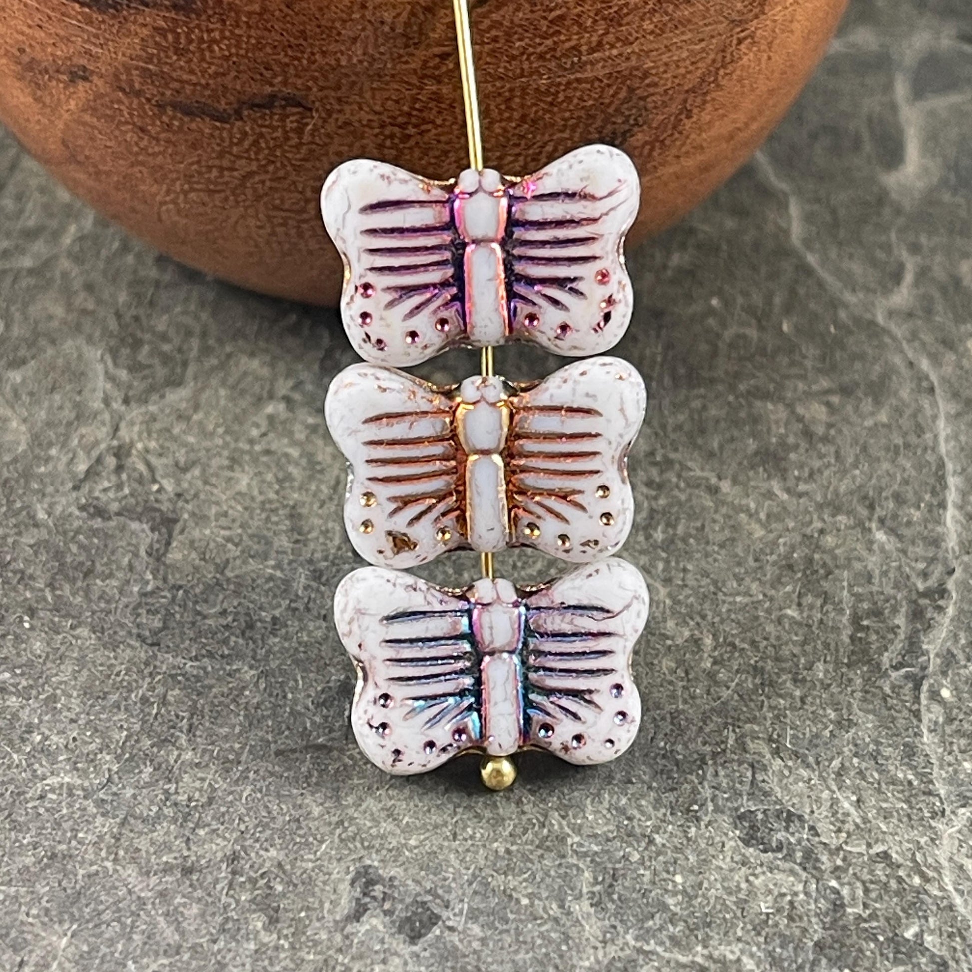 Czech Glass - 16x11mm Butterfly Shape Bead - White with Sliperit Finish (FLY/N-1914) * 6 Beads