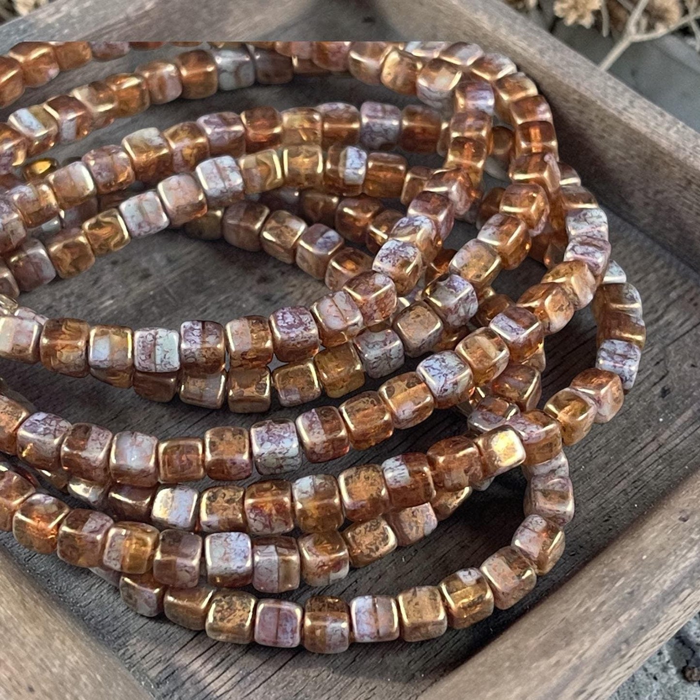 Czech Glass Beads - 4mm Cube, Brown and Slate Blue/Gray with Gold Finish (CUB/N-0813) * Qty. 40