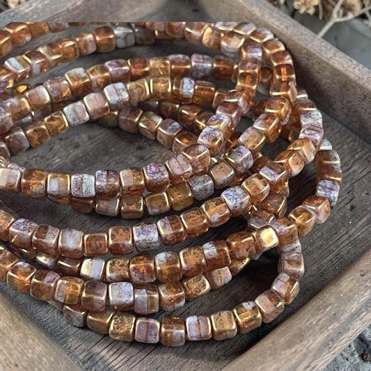 Czech Glass Beads - 4mm Cube, Brown and Slate Blue/Gray with Gold Finish (CUB/N-0813) * Qty. 40