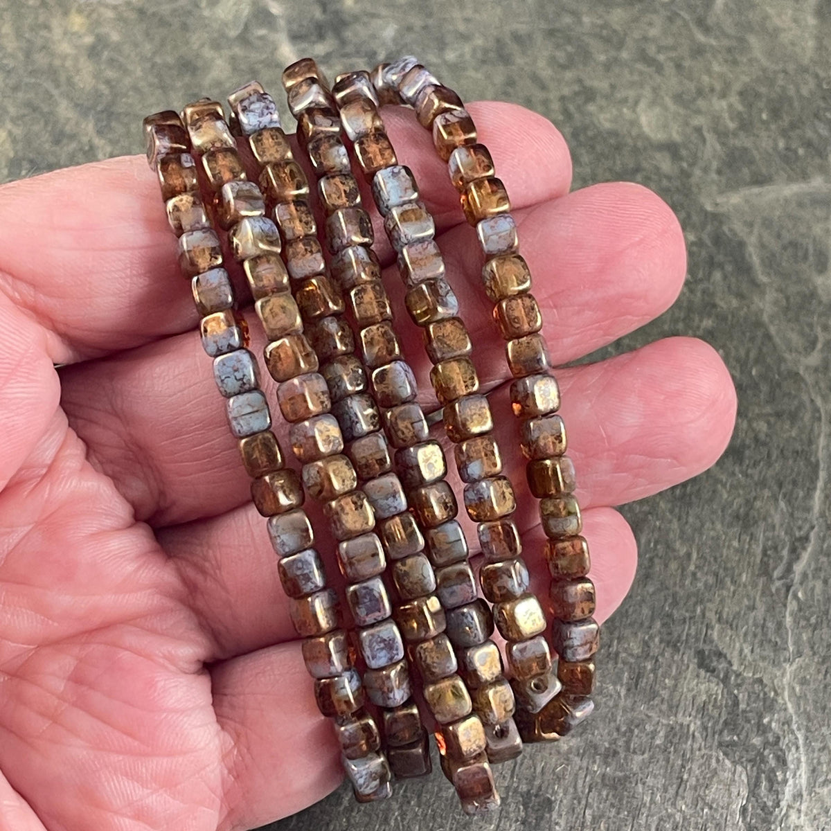 Czech Glass Beads - 4mm Cube, Brown and Slate Blue/Gray with Gold Finish (CUB/N-0813) * Qty. 40