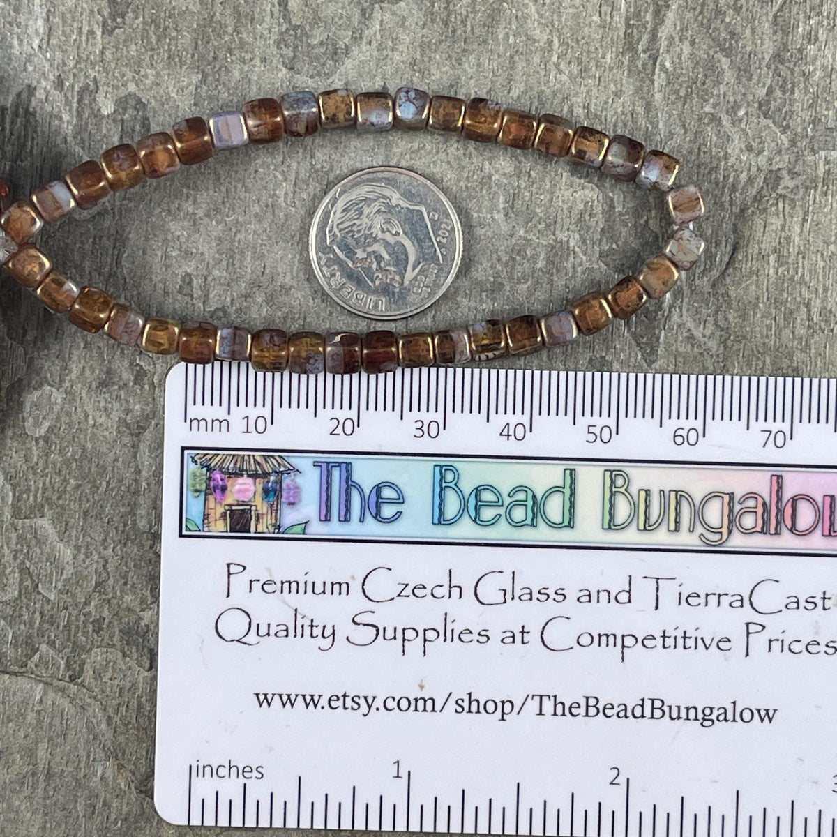 Czech Glass Beads - 4mm Cube, Brown and Slate Blue/Gray with Gold Finish (CUB/N-0813) * Qty. 40