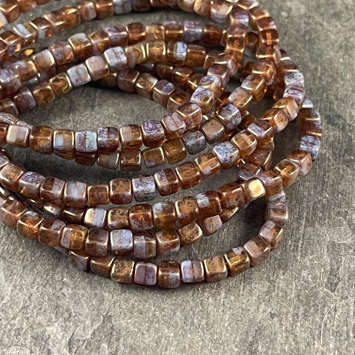 Czech Glass Beads - 4mm Cube, Brown and Slate Blue/Gray with Gold Finish (CUB/N-0813) * Qty. 40