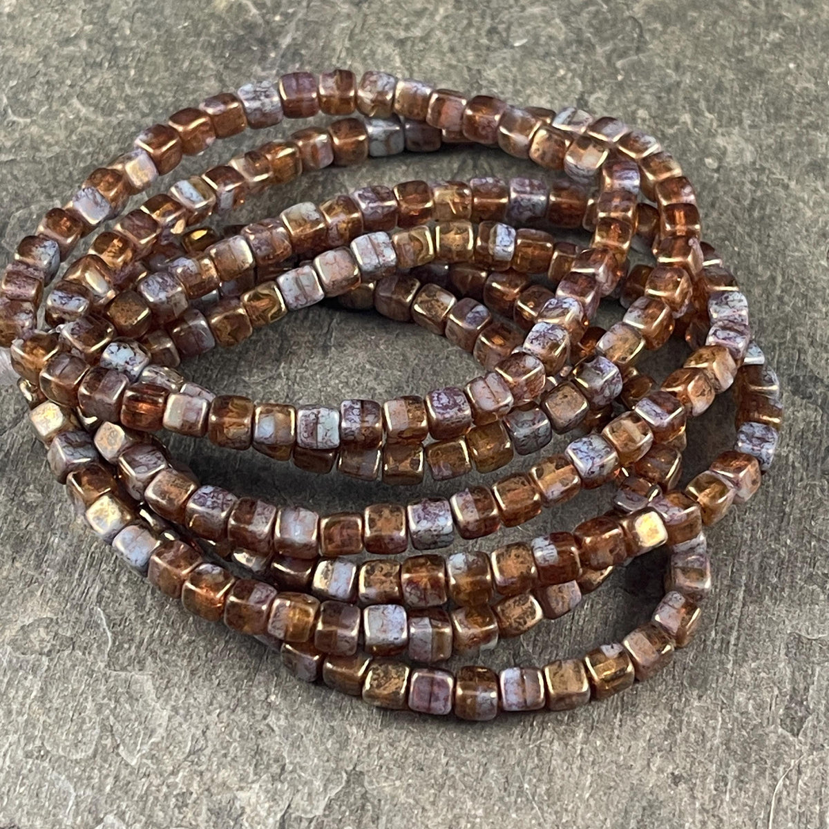 Czech Glass Beads - 4mm Cube, Brown and Slate Blue/Gray with Gold Finish (CUB/N-0813) * Qty. 40