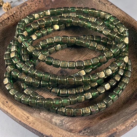 Czech Beads - 4mm Cube Beads, Transparent Sea Green with Picasso (CUB/N-2088) * Qty. 40