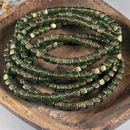 Czech Beads - 4mm Cube Beads, Transparent Emerald Green with Gold Wash (CUB/N-0834) * Qty. 40