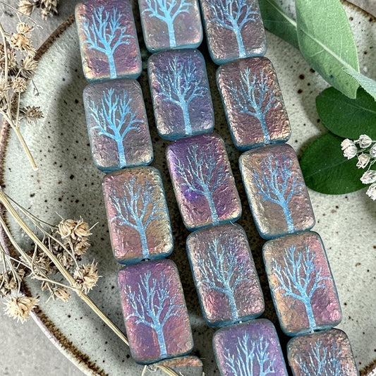 Czech Glass - 19x12mm Laser Etched Rectangle, Purple and Blue Tree (LTPG-T1) * 6 Beads