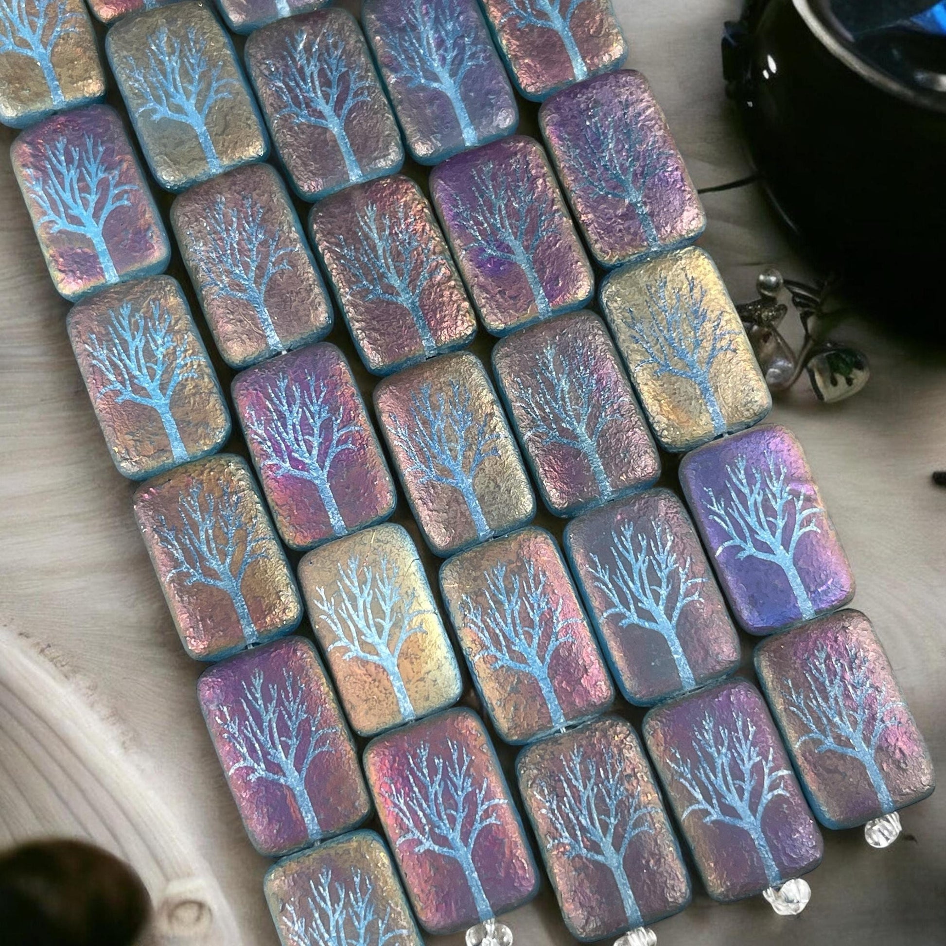 Czech Glass - 19x12mm Laser Etched Rectangle, Purple and Blue Tree (LTPG-T1) * 6 Beads