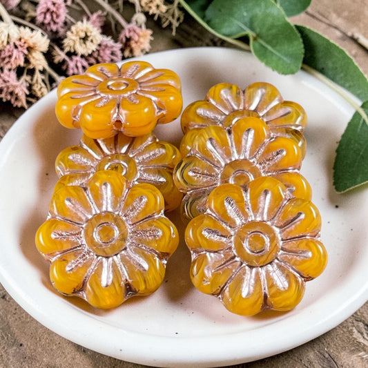 Czech Glass Beads - 17mm Daisy Flower, Orange with Platinum Wash (PLD-OP) * 6 Beads