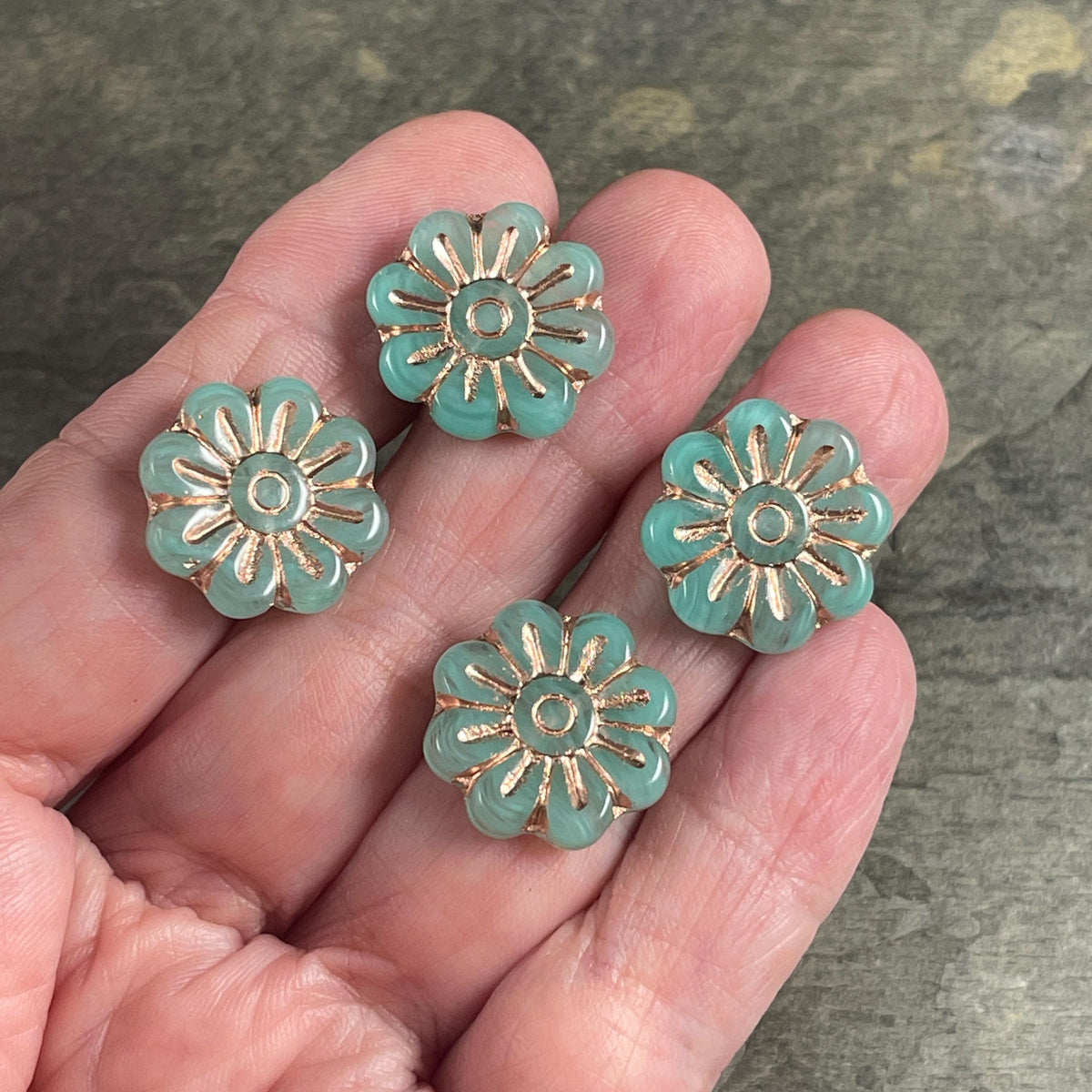 Czech Glass Beads - 17mm Daisy Flower, Jade Green with Copper Wash (PLD-21) * 6 Beads