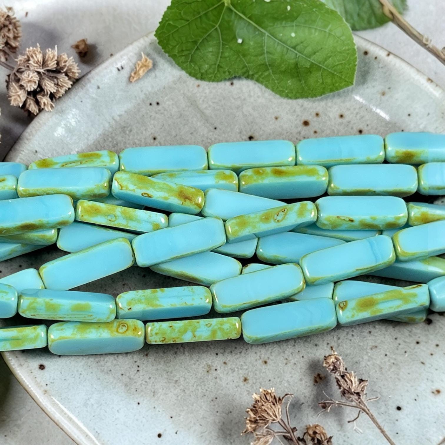 Czech Glass Beads - 14.5x5mm Skinny Rectangle - Sky Blue Picasso (SkRec-Bl) * 14 Beads