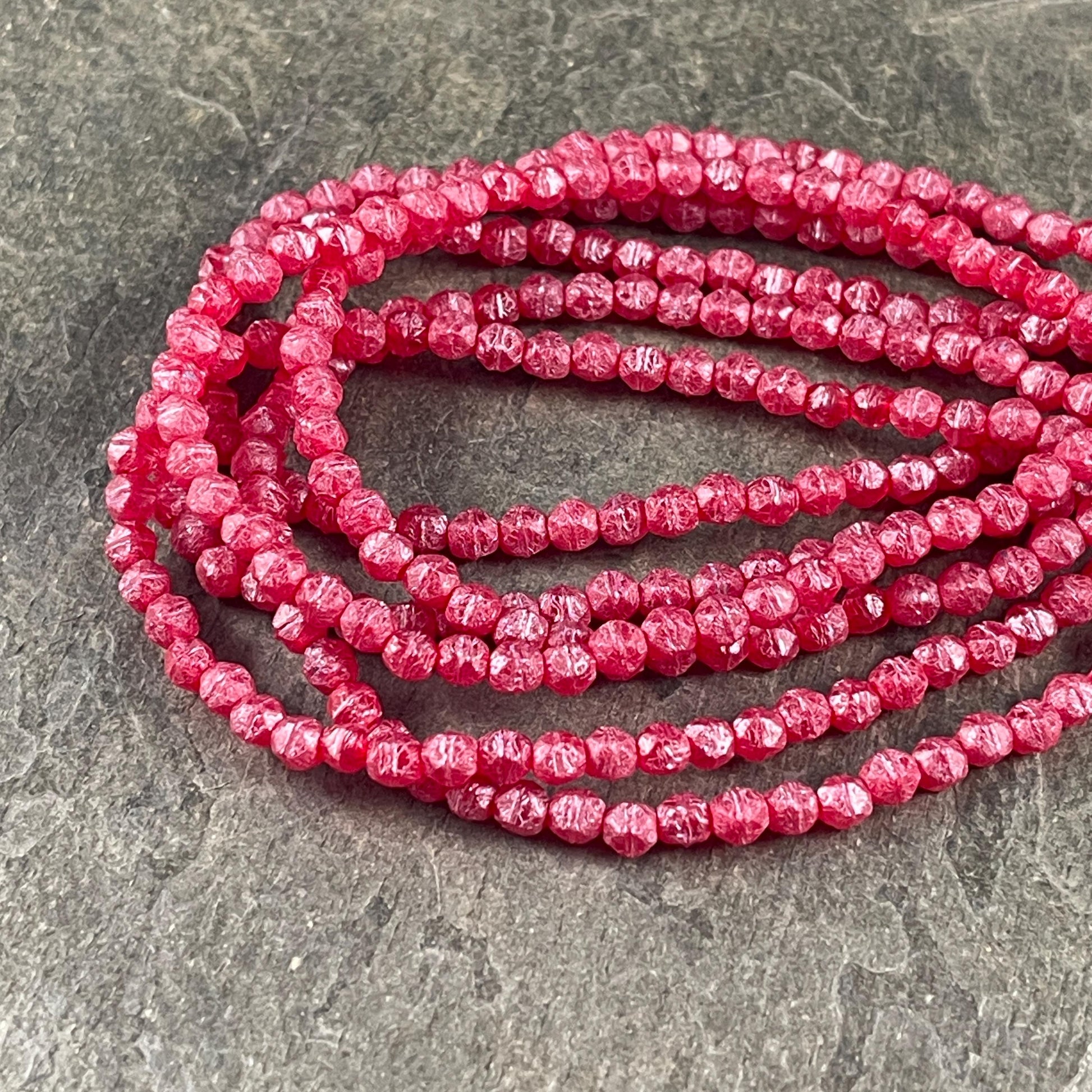 Czech Glass Beads - 4mm English Cut, Ruby Red with Pink Wash and Etched Finish (EC/N-0118) * Qty. 50