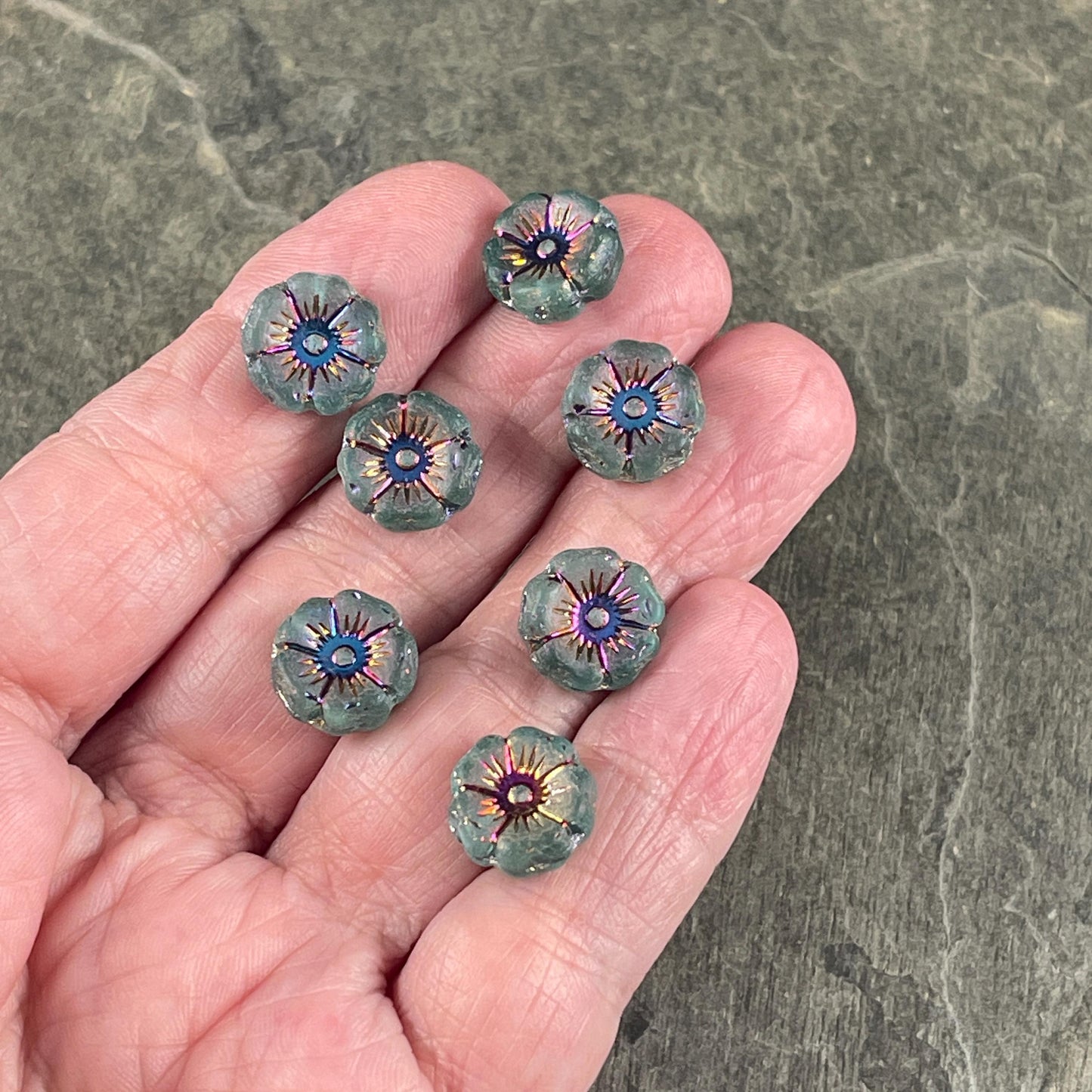Czech Glass - 12mm Hibiscus Flower, Matte Teal with Rainbow AB Finish (FL12/N-2048) * Qty. 6