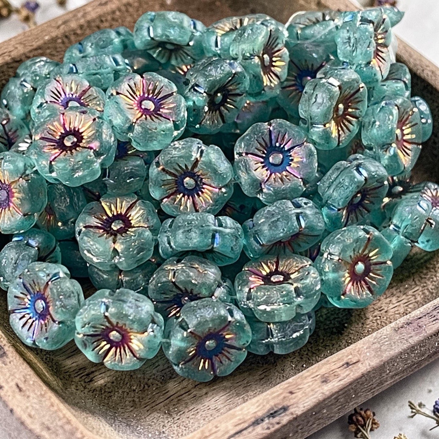 Czech Glass - 12mm Hibiscus Flower, Matte Teal with Rainbow AB Finish (FL12/N-2048) * Qty. 6