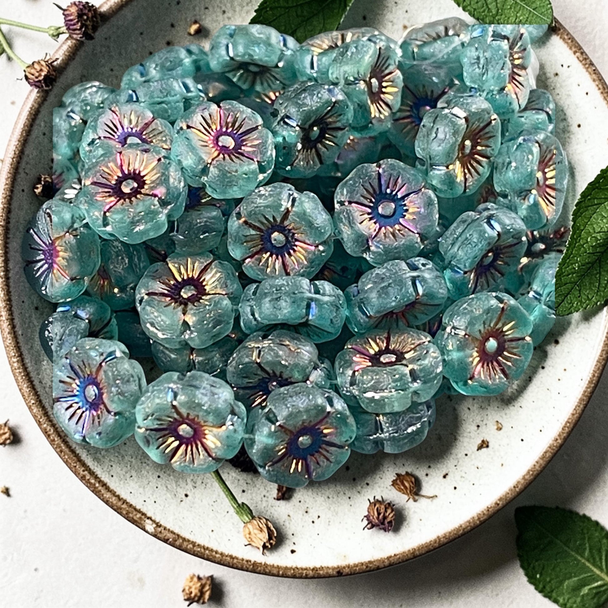Czech Glass - 12mm Hibiscus Flower, Matte Teal with Rainbow AB Finish (FL12/N-2048) * Qty. 6