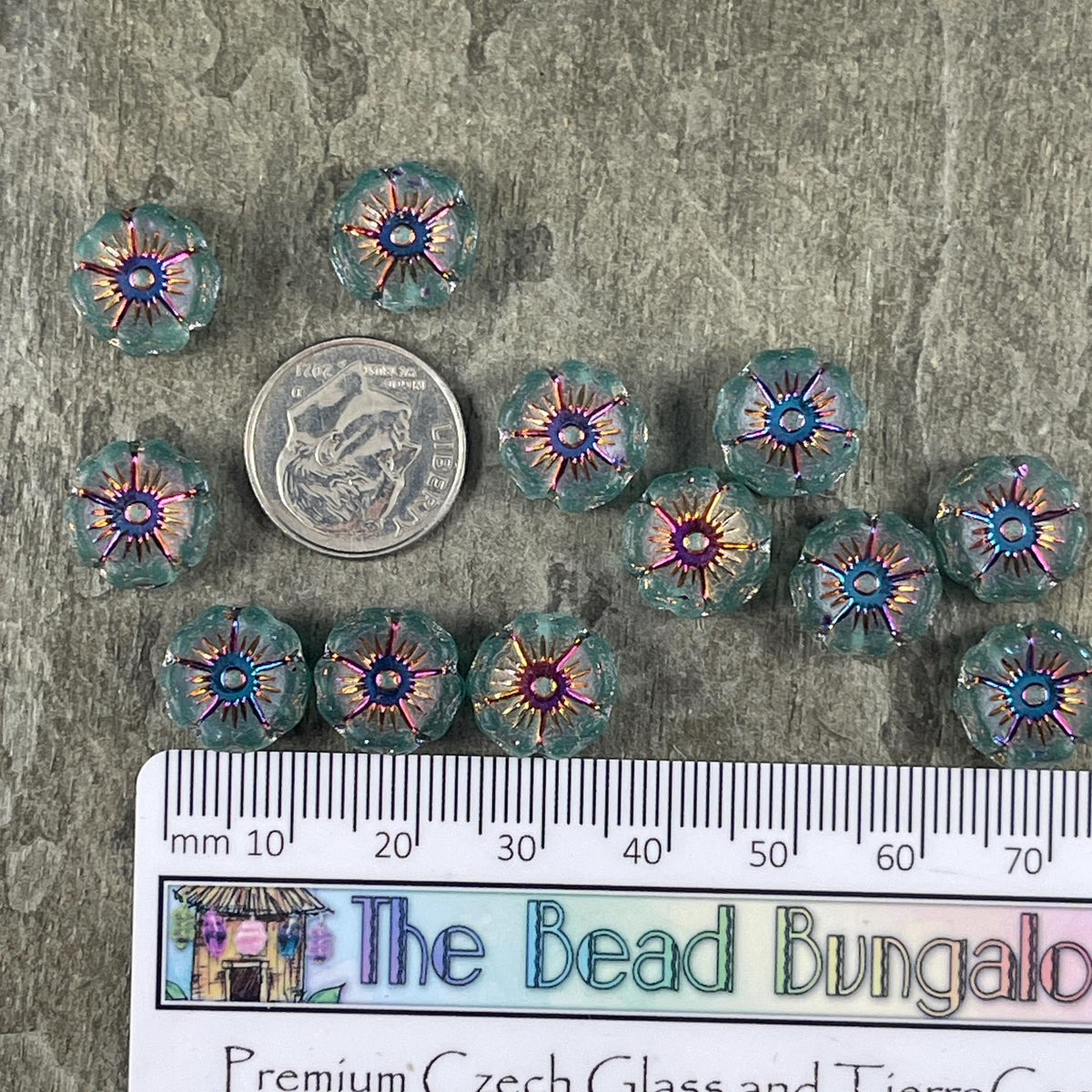 Czech Glass - 12mm Hibiscus Flower, Matte Teal with Rainbow AB Finish (FL12/N-2048) * Qty. 6